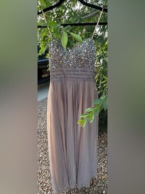 Beaded Evening Gown in Taupe